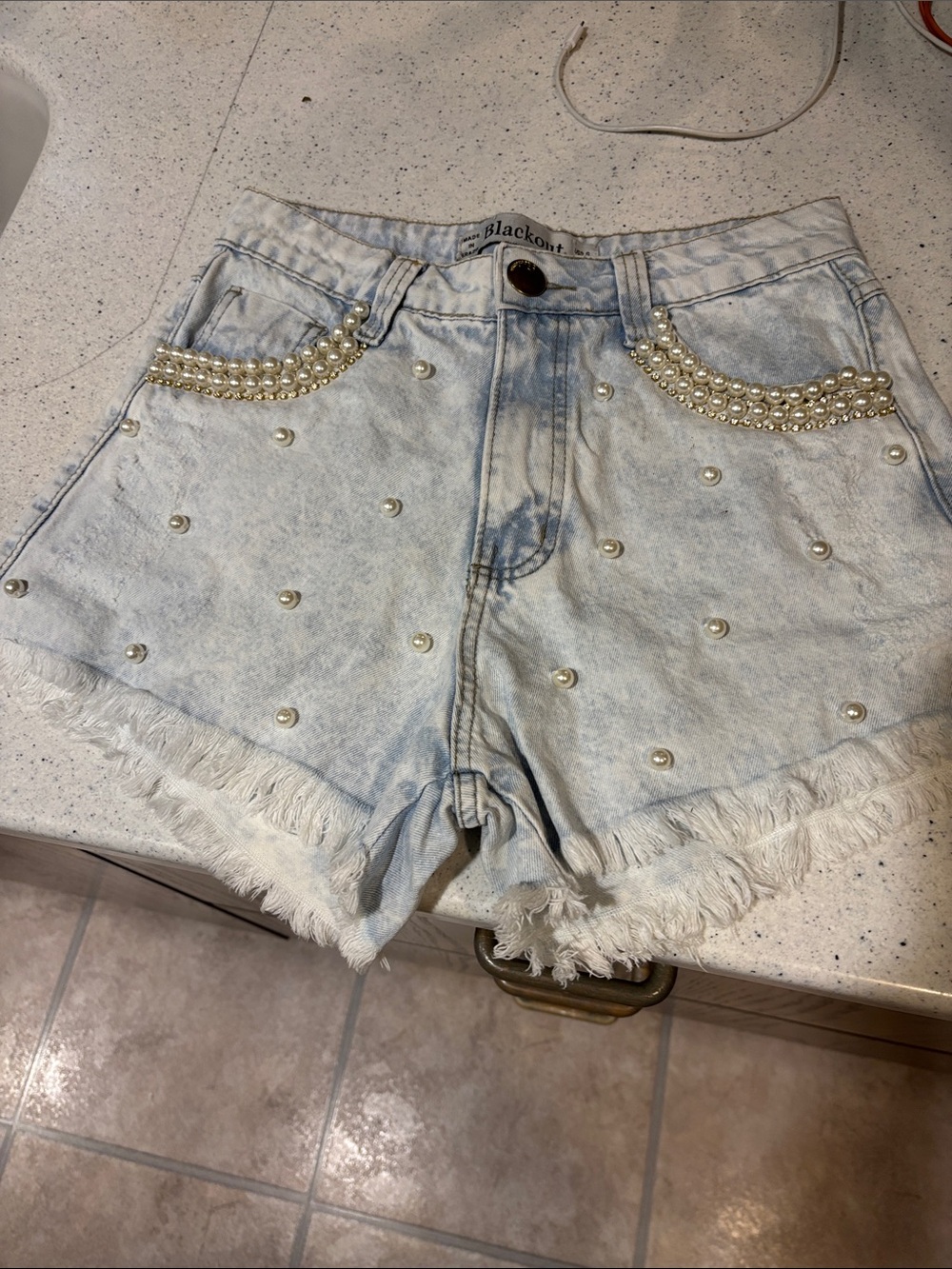 Light Wash Pearl-Embellished Denim Shorts